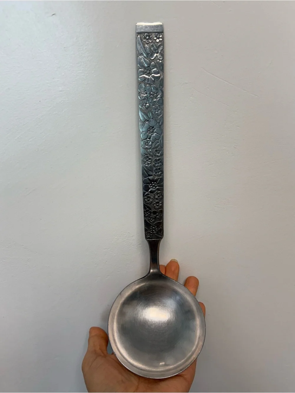 Vintage Ornate Floral Handle Stainless Steel Serving Soup Spoon Embossed Flowers